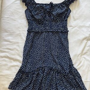 Elegant Navy Blue Polka Dot Dress